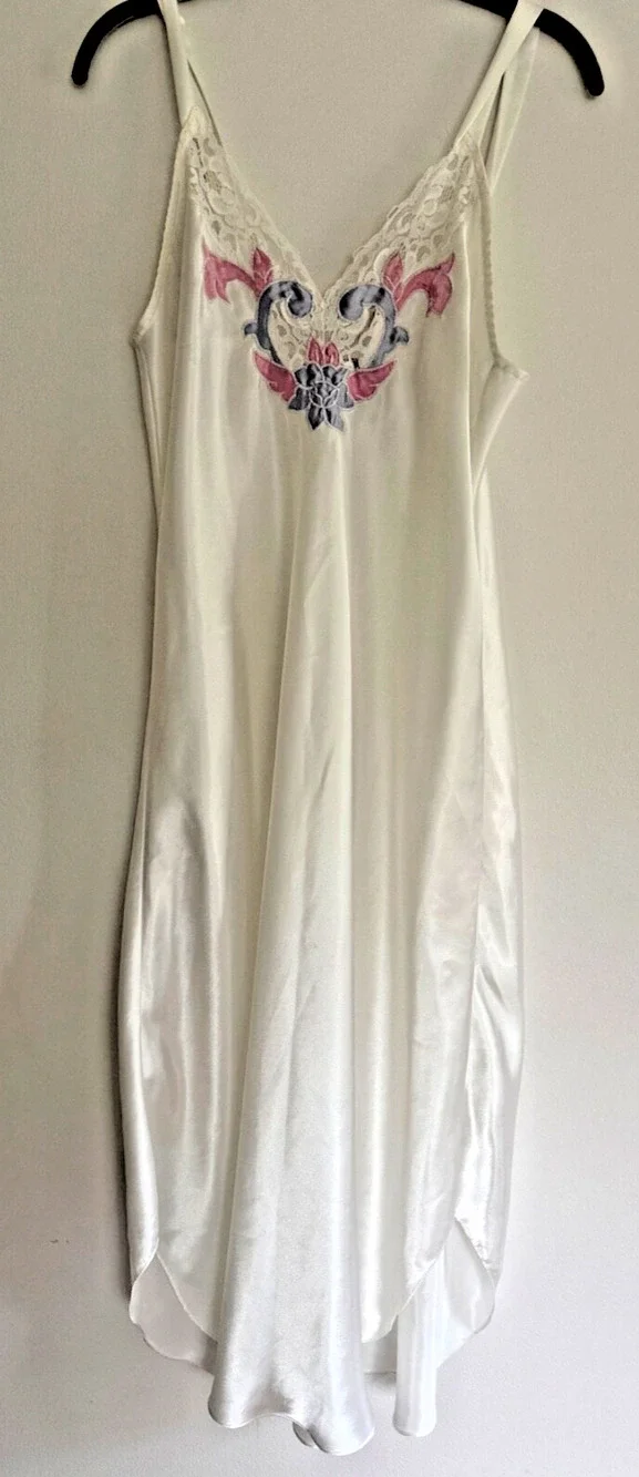 Vintage VAL MODE Long Satin Nightgown MED Floral Coquette 90s Lace